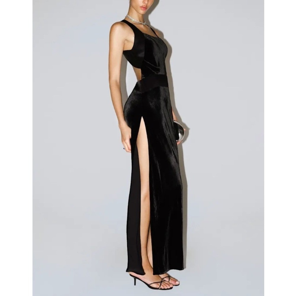 Reformation Emmalee Velvet Maxi Dress Black Size 10 Open Back High Slit Gown NWT